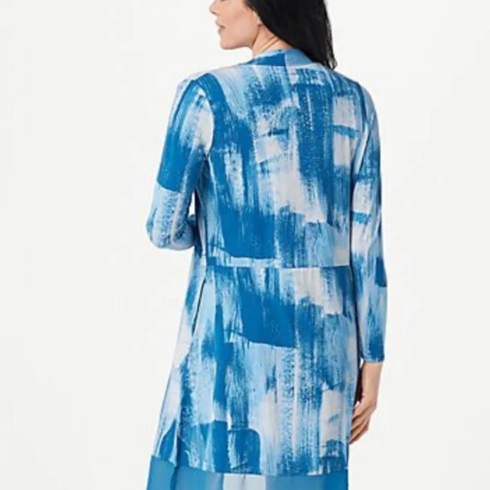 Abstract Blue Long Sleeve Open Front Duster Cardigan With Pockets Medium